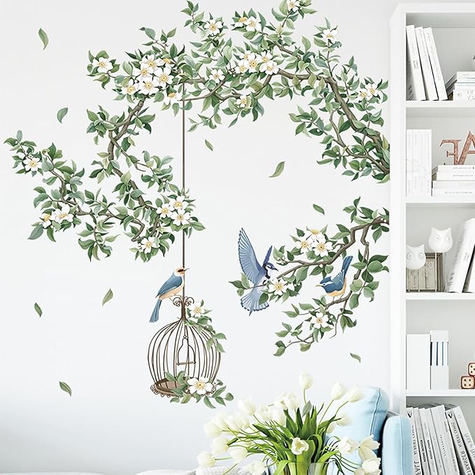 Birdcage Plant Leaves Wall Stickers Branch Vine Birds Wall Decals Peel and Stick Wall Art Decals for Living Room Bedroom TV Wall