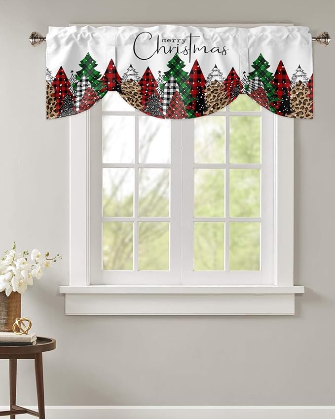 Merry Christmas Blackout Tie Up Valance Curtains for Kitchen Windows Buffalo Plaid Xmas Tree Winter Forest Farmhouse Window Toppers Balloon Shades for Living Room/Bath/Bedroom, 60" X 18", Red Green