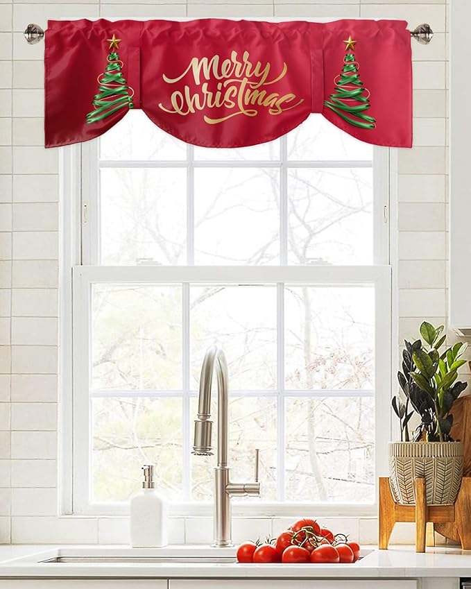Merry Christmas Blackout Tie Up Valance Curtains for Kitchen Windows Christmas Tree Window Toppers Balloon Shades for Living Room/Bathroom/Bedroom,1 Panel,60" X 18" Winter Holidays