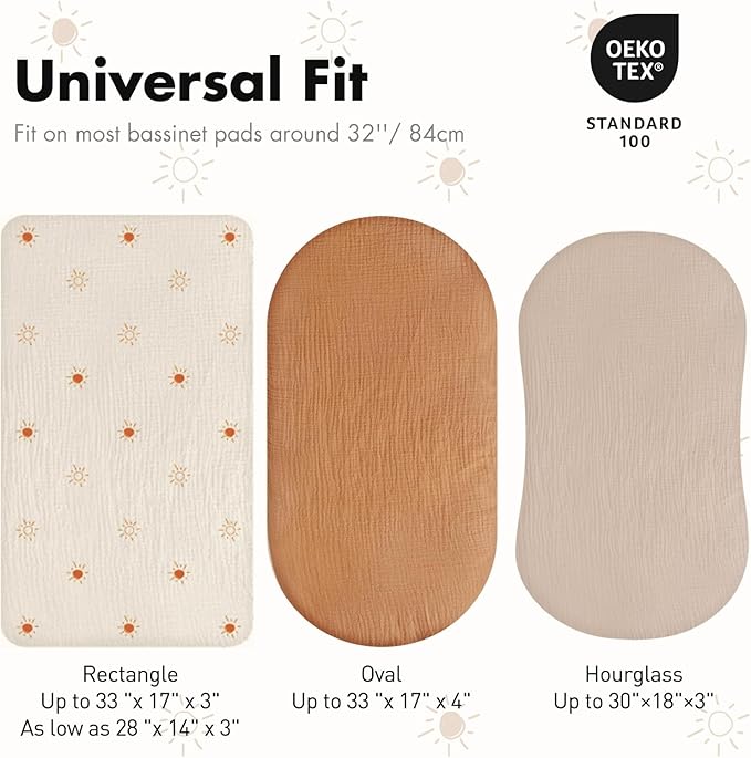 Gllquen Baby Muslin Bassinet Sheets 3 Pack, Breathable Elastic Cozy Fitted Cotton Bassinet Mattress Sheet for Baby Boy Girls, Fit for Hourglass Oval Rectangular Cradle Pad Sheets 33"X17" (Sunshine)