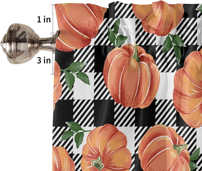 Fall Kitchen Curtains and Valances Set, Thanksgiving Halloween Pumpkins Small Window Treatments Tiers Half/Short Curtains for Cafe /Living Room/ Bedroom 54x 36 in, Farmhouse Black White Buffalo Plaid