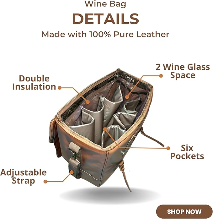 Ax store - Leather wine bag - 6 bottles insulated tote bag - Wine Cooler bag - Wine accessories for wine lovers