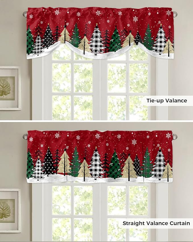 Red Merry Christmas Blackout Tie Up Valance Curtains for Kitchen Windows Green Christmas Tree Window Toppers Balloon Shades for Living Room/Bathroom/Bedroom,1 Panel, 60" X 18",White Snow Forest Winter