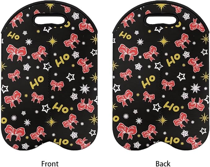 doginthehole Bowknot Print Wine Bag 2 Bottle Wine Tote Carrier Insulated Wine Cooler Bag for Travel Picnic Christmas Ho Ho Ho Portable Neoprene Wine Tote Holder Household Supplies Christmas Decor