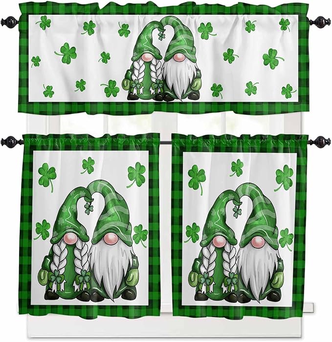 Gnome St. Patrick's Day Kitchen Curtains and Valances Set, Buffalo Plaid Shamrock Window Tiers Seasonal Spring Holiday Half/Short Curtains for Small Windows Cafe /Living Room/ Bedroom 54x24 in