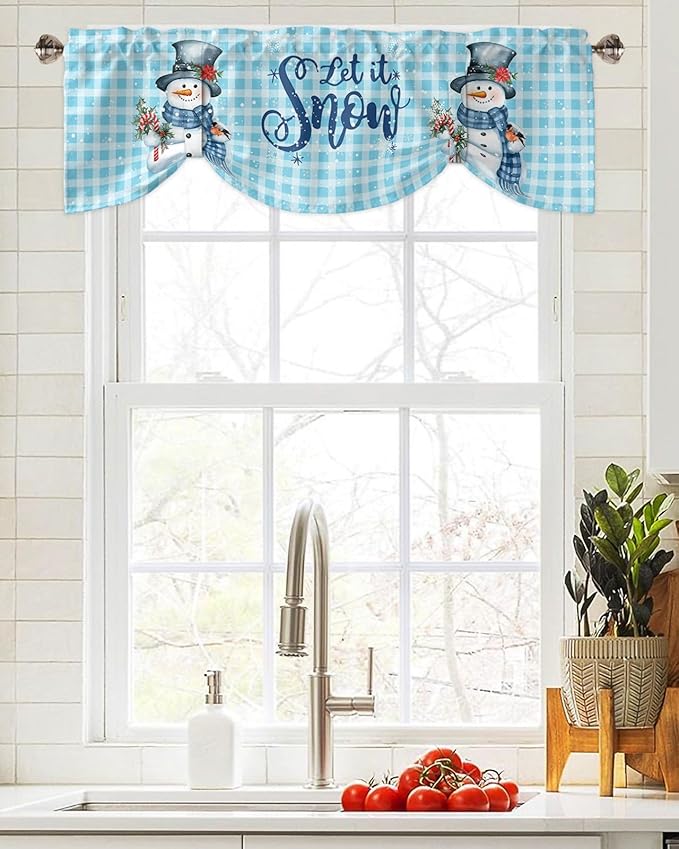 Snowman Christmas Blackout Tie Up Valance Curtains for Kitchen Windows Let It Snow Winter Holiday Window Toppers Balloon Shades for Living Room/Bath/Bedroom,1 Panel, 54" X 18",Blue White Buffalo Plaid