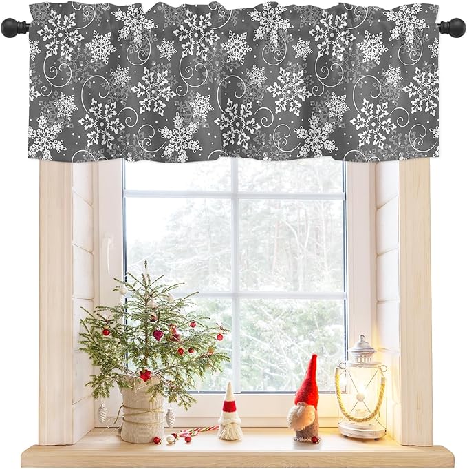 Christmas Valance Curtains for Kitchen Windows Grey White Snowflakes Pattern Rod Pocket Window Treatment Toppers for Kitchen/Living Room/Bedroom/Bathroom, 42" X 12", Winter