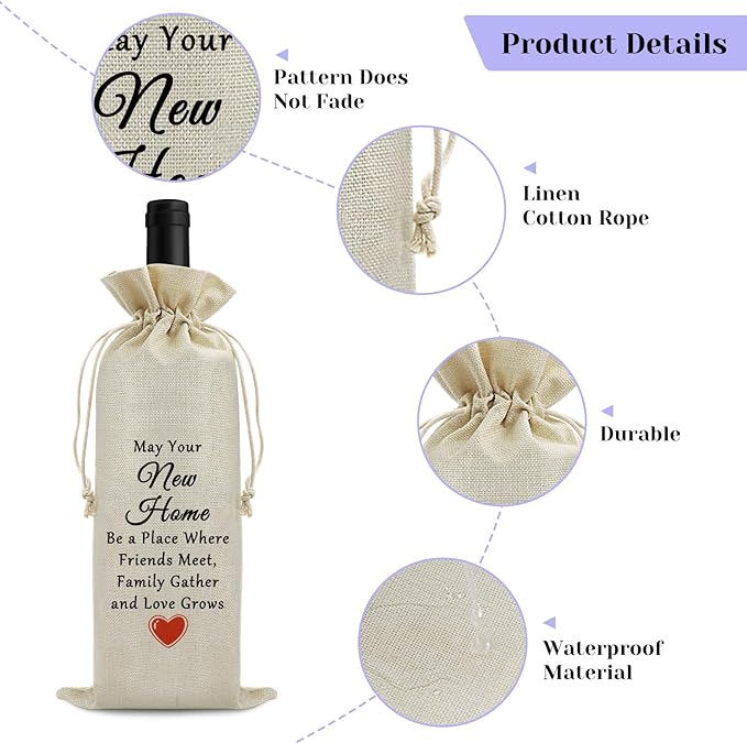 Housewarming Gift for New Home Wine Bag Congratulations Moving House Warming Gift for Women Friends Wine Gift Bag Realtor Gift to Clients Burlap Drawstring Wine Bag Gift First Time House Warming Gift