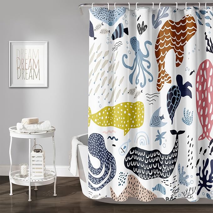 AILONEN Cartoon Dolphin Shower Curtain for Kids 48" W*72" H Inch,Colorful Whales Octopuses Pattern Shower Curtain,Marine Life Theme 12 Pack Hooks Polyester Waterproof Fabric Decor for Bathroom