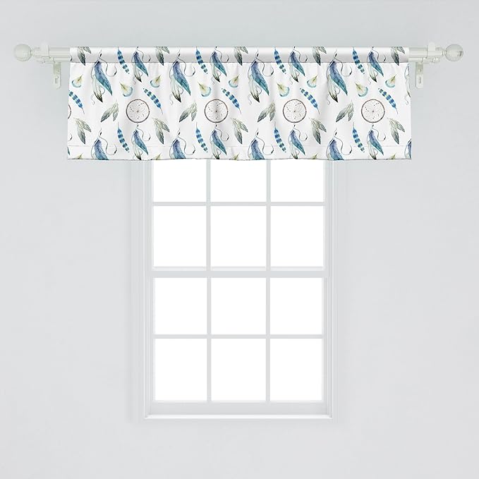 Ambesonne Tribal Window Valance, Aztec Exotic Feathers Dreamcatchers Traditional Folk Watercolor Boho Art, Curtain Valance for Kitchen Bedroom Decor with Rod Pocket, 42" x 18", Violet Blue Pale Green
