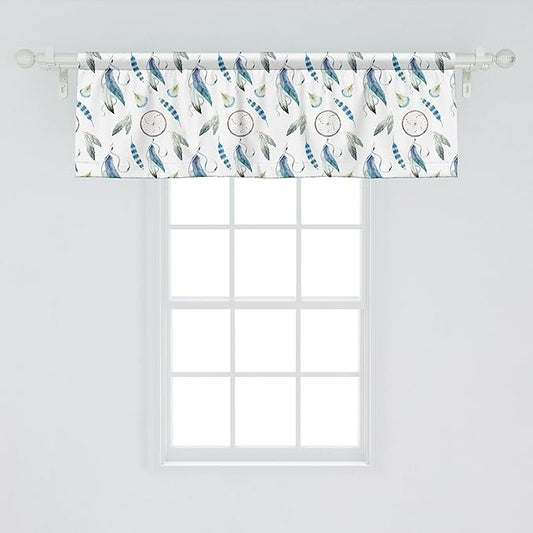 Ambesonne Tribal Window Valance, Aztec Exotic Feathers Dreamcatchers Traditional Folk Watercolor Boho Art, Curtain Valance for Kitchen Bedroom Decor with Rod Pocket, 42" x 18", Violet Blue Pale Green