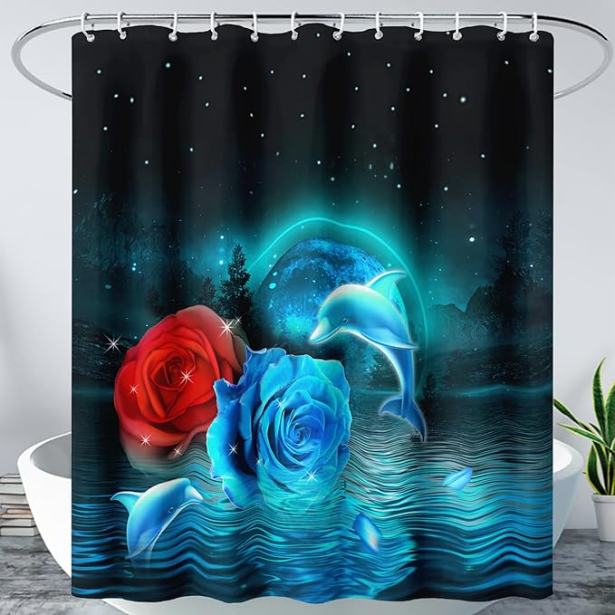 AILONEN Blue and Red Rose Shower Curtain,Cute Dolphin Shower Curtain for Bathroom Decor,72" W*72" H Polyester Waterproof Evening Starry Moon Flower Bath Curtain with 12 Hooks