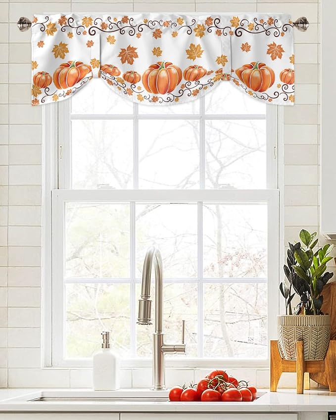 Fall Maple Leaves Blackout Tie Up Valance Curtains for Kitchen Windows Thanksgiving Watercolor Pumpkins Window Toppers Balloon Shades for Living Room/Bathroom/Bedroom,1 Panel,42" X 12" Orange