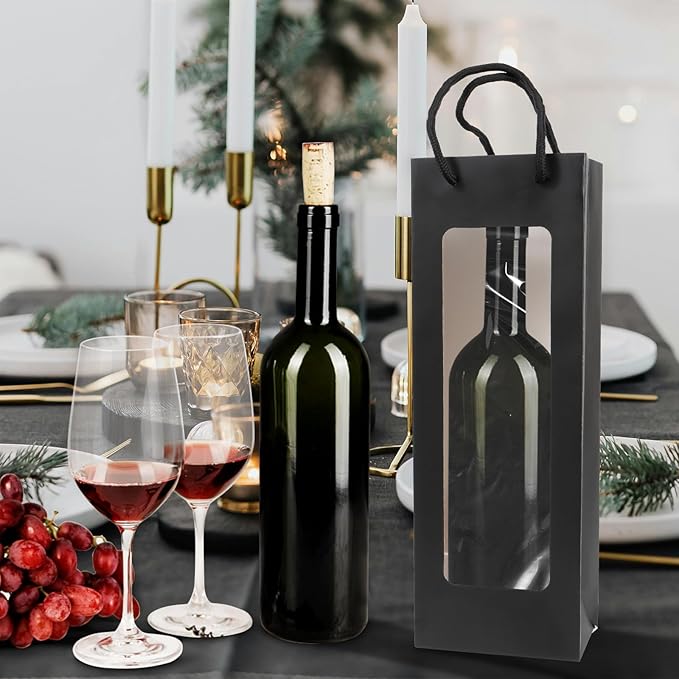 Cyblinia 20 Pack Wine Gift Bags Paper Wine Bags 14.2 x 4.9 x 3.4 Inch Wine Bottle Bags with Clear Window for Weddings, Valentine's Day, Birthday, Party