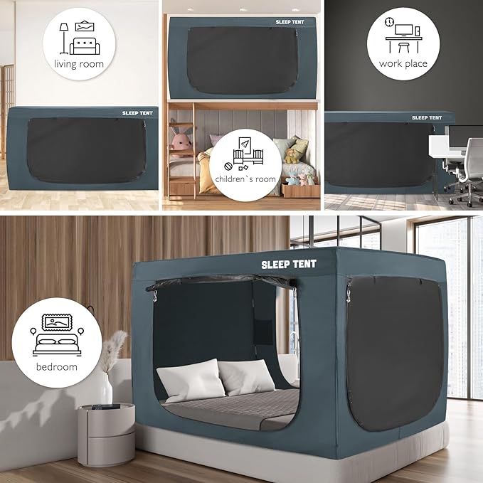 BORNA Bed Tent Queen Bed Canopy for Indoor Portable Light Reducing Sleeping Canopy for Kids and Adult,Bunk Blackout Tents Breathable Privacy Space Tent Mosquito Netting for Bed(Navy Blue)