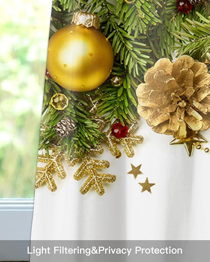 Christmas Kitchen Curtains Valances for Windows Pine Cones Rod Pocket Window Treatment for Kitchen/Living Room/Bedroom/Bathroom,60" X 18" -1 Panel, Golden Ornament Balls