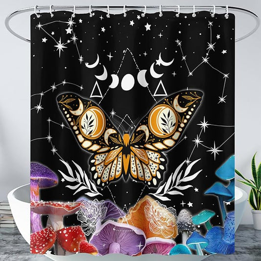 AILONEN Sun and Moon Shower Curtain,Death Moth Bath Curtain for Bathroom for Boys,Girls,Boho Hippie Style Shower Curtain,Colorful Mushroom Waterproof Fabric Shower Curtain Set with Hooks,72" W*72" H
