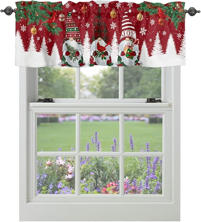 Christmas Gnomes Kitchen Curtains Valances for Windows Red Winter Holidays Rod Pocket Window Treatment for Kitchen /Living Room/Bedroom/ Bathroom,42" X 18" -1 Panel, White Snowflakes Xmas Trees