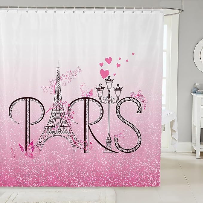 Feelyou Eiffel Tower Shower Curtain 72"x78" Kids Romantic Paris Bathroom Shower Curtain Set for Boys Girls Teens Ombre Pink Butterfly Bath Curtain Modern French Bathroom Accessories
