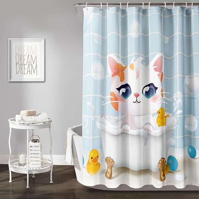 AILONEN Cartoon Bathtub Cat Shower Curtain for Kids 72" W*96" H Kawaii Shower Kitten and Duck Shower Curtain,Polyester Waterproof Fabric Decor for Bathroom Bathtub Panels