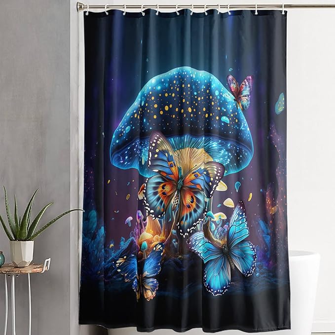 AILONEN Beautiful Butterfly Shower Curtain Bathroom 48" W*72" H Sparkly Blue Butterflies Curtain Cloth Fabric Bathroom for Girls Kids,Magic Mushroom Shower Curtain Set