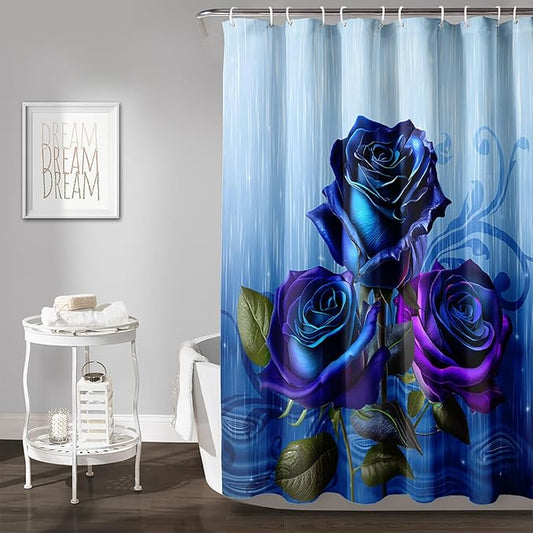 AILONEN Blue Rose Shower Curtain for Girls,Raining Rose Shower Curtain for Bathroom Decor,Women Kids Polyester Waterproof 3D Printed Bath Curtain with 12 Hooks,48" W*72" H