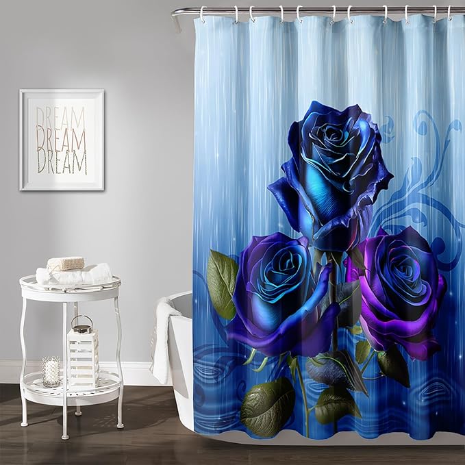 AILONEN Blue Rose Shower Curtain for Girls,Raining Rose Shower Curtain for Bathroom Decor,Women Kids Polyester Waterproof 3D Printed Bath Curtain with 12 Hooks,36" W*72" H
