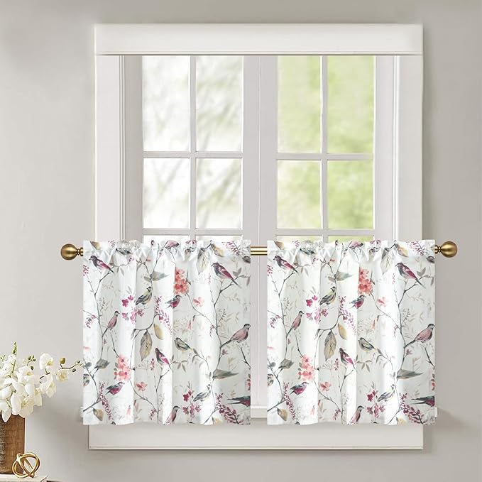 Leeva Modern Linen Textured Kitchen Tiers, 24 Inch Length Vivid Purple Bird Print Short Window Curtains for Bathroom, Rod Pocket Home Decor Drapes, 2 Panels Pair