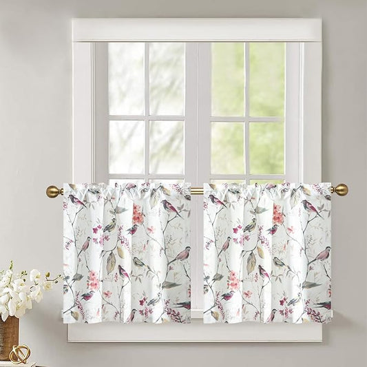 Leeva Modern Linen Textured Kitchen Tiers, 24 Inch Length Vivid Purple Bird Print Short Window Curtains for Bathroom, Rod Pocket Home Decor Drapes, 2 Panels Pair
