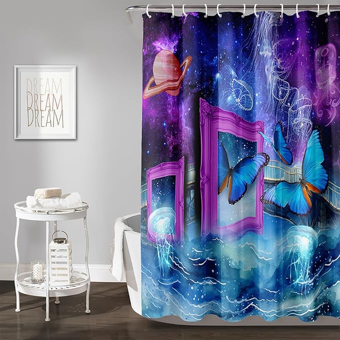 AILONEN Blue Butterfly Shower Curtains,Purple Galaxy Bath Curtains for Bathroom for Girls,Blue Ocean Jellyfish Curtains,Polyester Waterproof with 12 Hooks 72" W*72" H