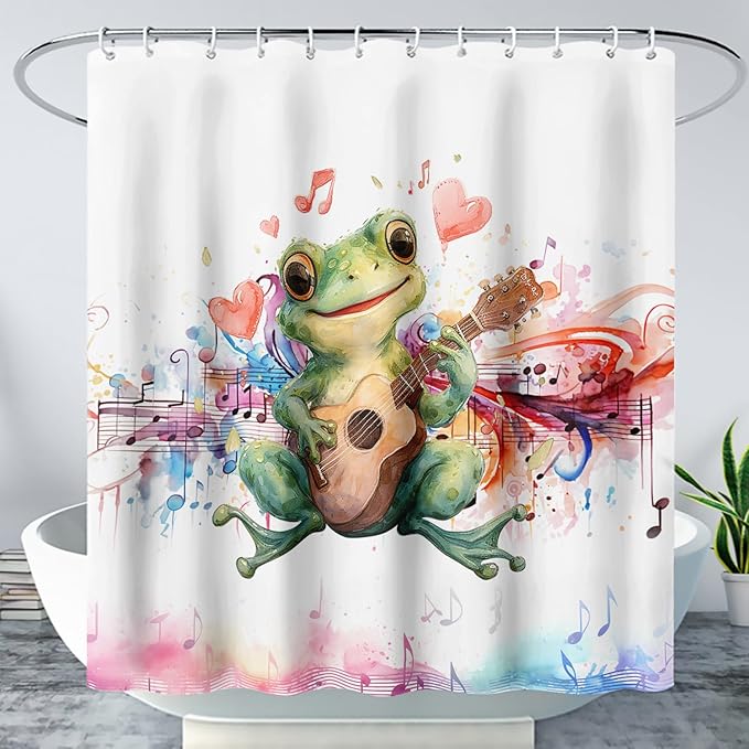 AILONEN Cartoon Frog Shower Curtain,Green Guitar Frog Bathroom Curtain for Kids Boys Girls,Kawaii Forg Animal Shower Curtains for Bathroom,Tie-Dye Theme Bathroom Curtain,36" W*72" H