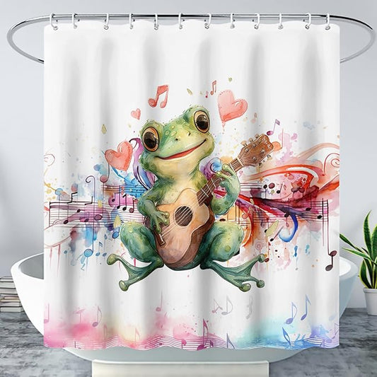 AILONEN Cartoon Frog Shower Curtain,Green Guitar Frog Bathroom Curtain for Kids Boys Girls,Kawaii Forg Animal Shower Curtains for Bathroom,Tie-Dye Theme Bathroom Curtain,36" W*72" H