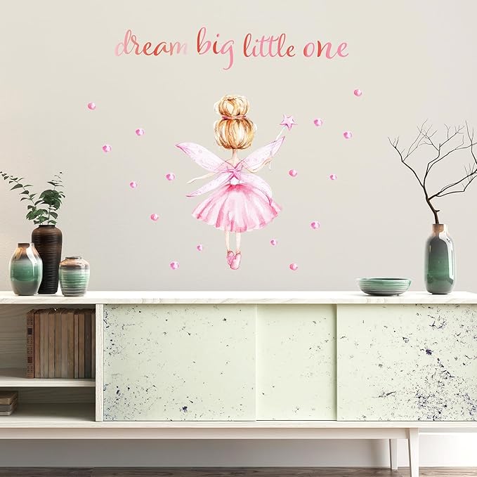 Pink Little Ballerina Decor for Girls Room Dream Big Little One Baby Nursery Wall Decals Peel and Stick Barbie Princess Wall Stickers & Murals for Girls Bedroom Living Room Classroom Playroom