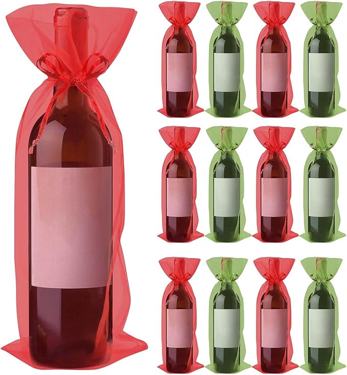 Megitzuu 20 Pieces Organza Wine Bags, 14.6 x 5.5 Inch Wine Gift Bag with Drawstring Sheer Mesh Wine Gift Pouches Bottle Covers for Halloween Christmas Wedding Party Favors (Red+Green)