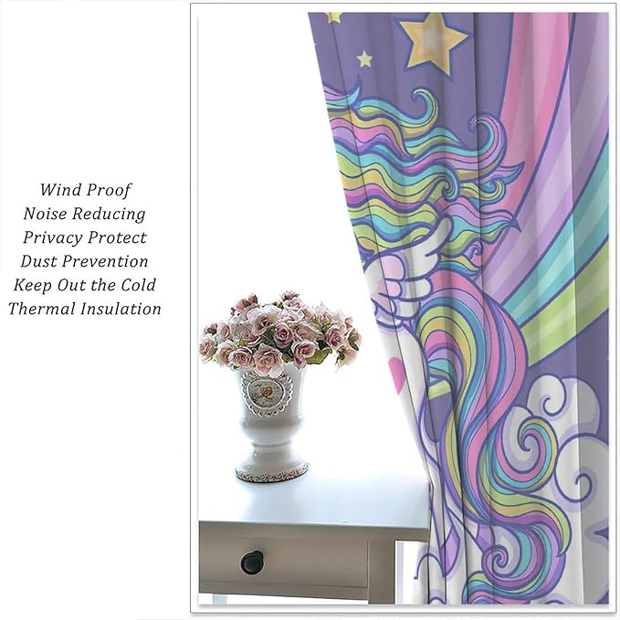 Kids Unicorn Curtains Purple Cartoon Rainbow Cartoon Room Blackout Curtains Boys Girls Baby Room Decor Curtains Living Room Decor 63x72 Inch 2 Panels