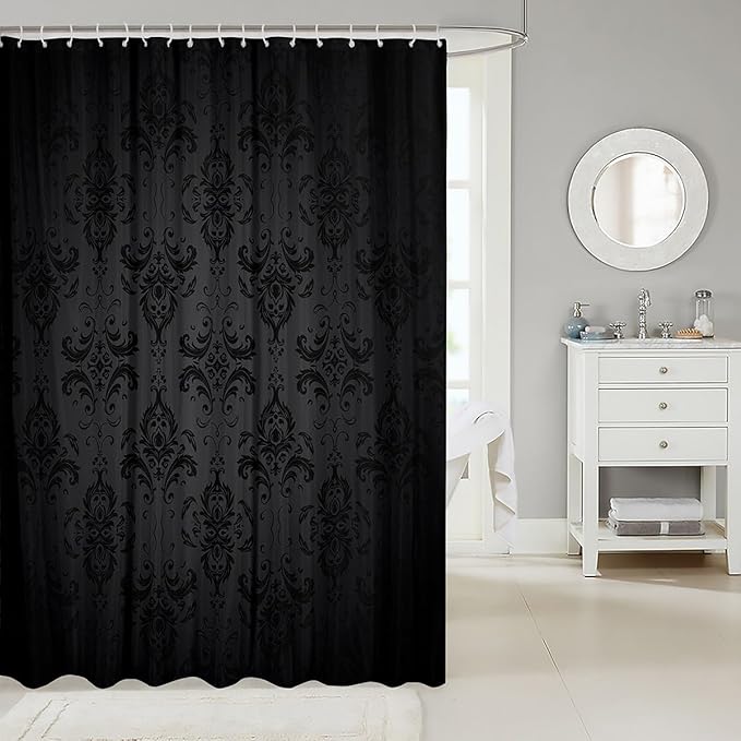 Feelyou Black Damask Shower Curtain 72"x72" Kids Vintage Floral Bathroom Shower Curtain Set for Boys Girls Teens Antique Victorian Baroque Bath Curtain Baroque Style Bathroom Accessories