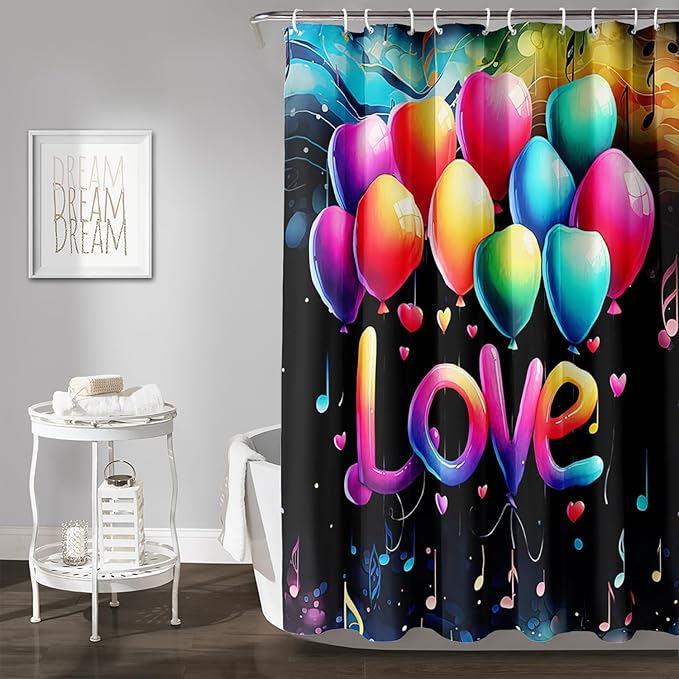 AILONEN Love Theme Shower Curtain for Bathroom, Romantic Rainbow Balloon Tie Dye Bath Curtain for Kids Girls Women,Abstract Music Black Shower Curtain Waterproof with 12 Plastic Hooks, 72" W*84" H