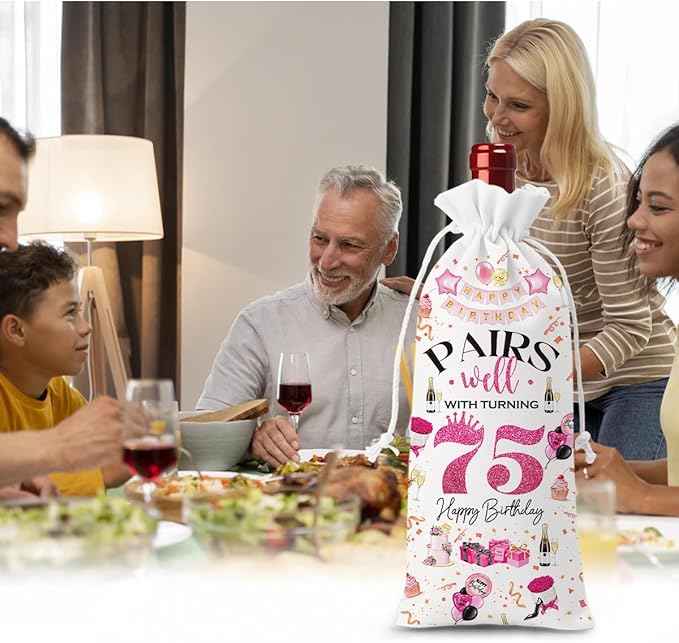 75th Birthday Gifts for Women Men Wine Bag, Birthday Gifts for 75 Year Old Man, Happy 75th Birthday Party Decorations Women for Men, Pairs Well with Turning 75 Wine Bags (White Pink)