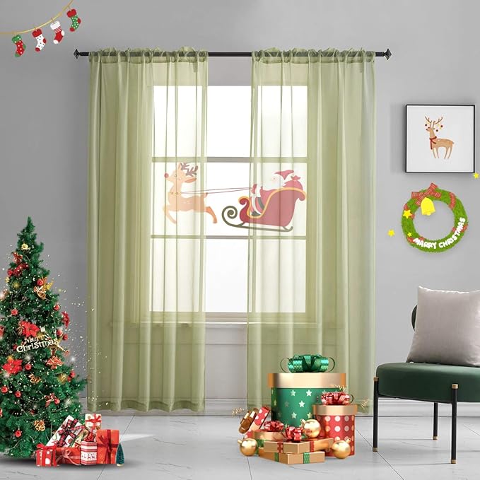 Green Sheer Curtains 95 Inch Length 2 Panels for Living Room/Bedroom/Canopy Window Rod Pocket Sage Green Sheer Curtains 52x95