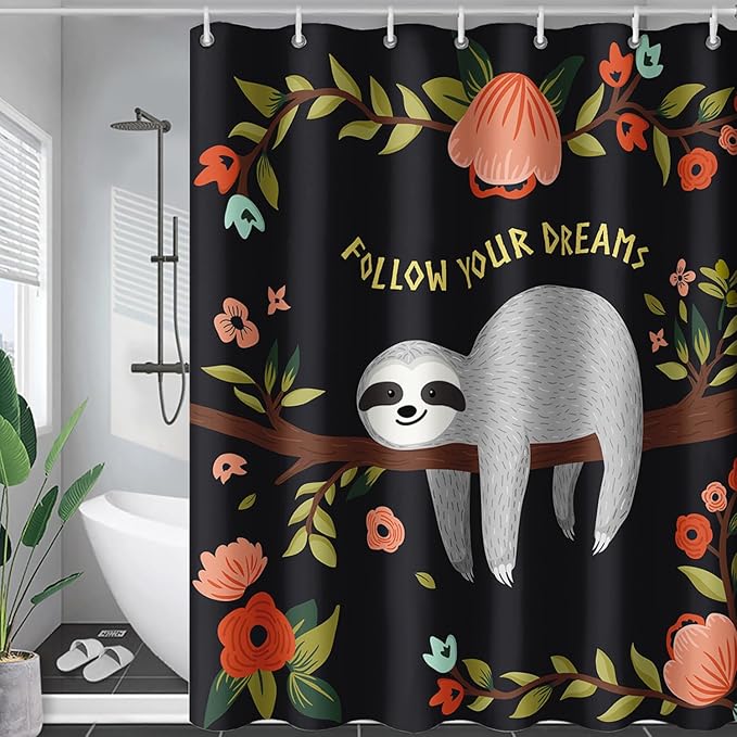 AILONEN Kawaii Sloth Shower Curtain for Bathroom Decor,Floral Sloth Bath Curtain for Kids Boys Girls,Polyester Waterproof 72" W*78" H with 12 Plastic Hooks