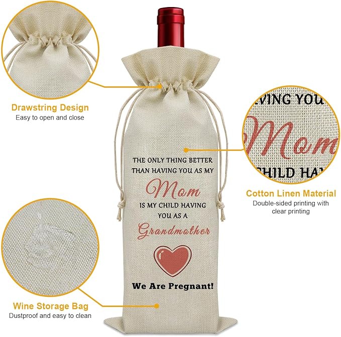 New Grandma Gifts Wine Bag Mothers Day Gifts for Mom Promoted to Grandma Wine Accessories Gifts for Wine Lovers Grandma to Be Gifts Birthday Gifts for Women Grandmother Wine Bottle Decoration Bag