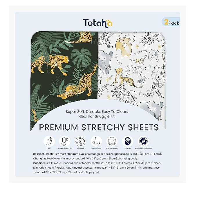 TotAha Premium Soft Pack n Play Sheets, Super Stretchy Jersey Knit Mini Crib Sheets Fitted, Silky Comfort Graco Pack and Play Mattress Sheets 2-Pack, Wild Leopard