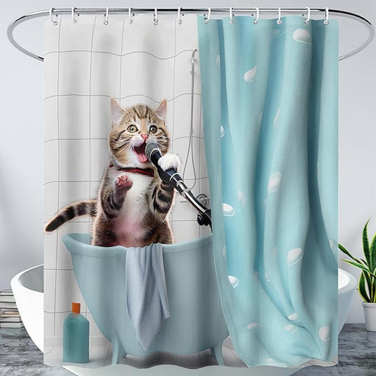 AILONEN Cartoon Shower Cat Shower Curtain for Kids Boys,Funny Singing Cat Waterproof Fabric Shower Curtain for Bathroom,Lovely Hilarious Pet Shower Curtain Set with Hooks,72" W*84" H