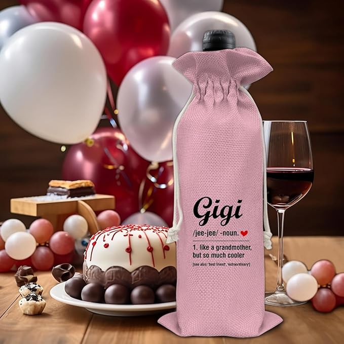 HOIJAUMAI Gigi Gifts for Grandma, Grandma Gift From Granddaughter Grandson, Grandma Wine Bag Gigi Definition Wine Gift Bags (Pink)