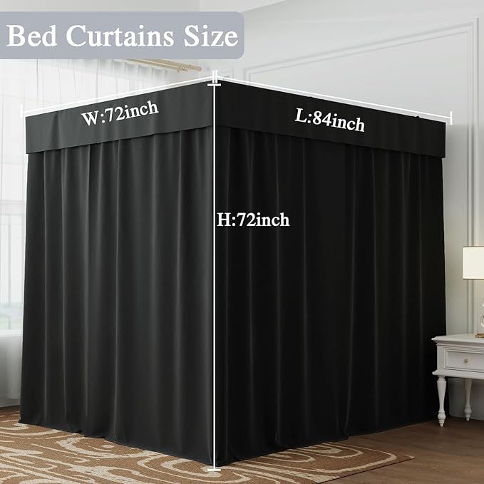 Hvqic Black Canopy Bed Curtains - 4 Corner Post Bed Curtains California King Bed Curtains Lightproof Drapes Bed Canopy for Adults & Girls Bedroom Decoration(California King,Black)