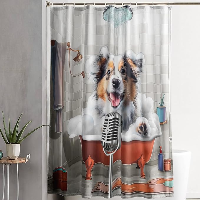AILONEN Cute Bubble Puppy Shower Curtain for Kids Boys,Funny Singing Dog Waterproof Fabric Shower Curtain for Bathroom,Lovely Hilarious Pet Shower Curtain Set with Hooks,72" W*96" H