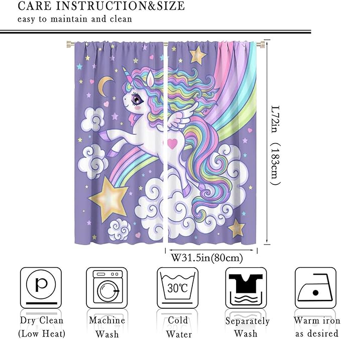 Kids Unicorn Curtains Purple Cartoon Rainbow Cartoon Room Blackout Curtains Boys Girls Baby Room Decor Curtains Living Room Decor 63x72 Inch 2 Panels
