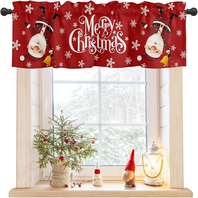 Red Merry Christmas Valance Curtains for Kitchen Windows Funny Hanging Santa Rod Pocket Window Treatment Toppers for Kitchen/Living Room/Bedroom/Bathroom, 42" X 18", Snow Winter Holiday