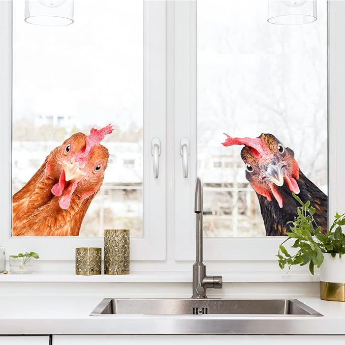 Funny Chicken Wall Decals Peel and Stick 2 Chicken Heads Window Art Stickers Funny Wall Decals Weird Funny Gifts for Friends Kitchen Kids Bedroom Playroom Game Room Farm Barn Funny Car Stickers