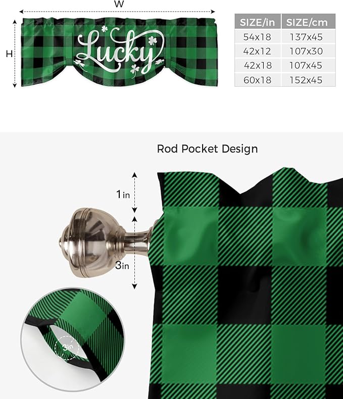 St. Patrick's Day Buffalo Plaid Blackout Tie Up Valance Curtains for Kitchen Windows Lucky Shamrocks Clover Window Toppers Balloon Shades for Living Room/Bathroom/Bedroom,1 Panel, 60" X 18",Green